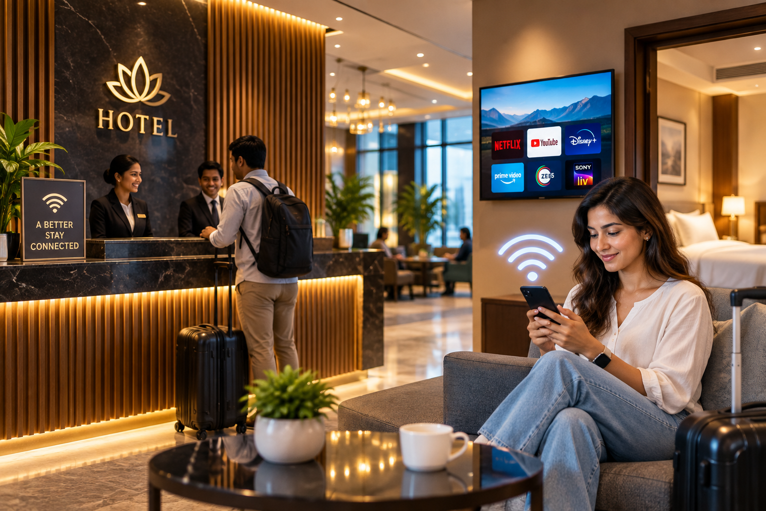 Hotel room with Reisnet guest WiFi connectivity