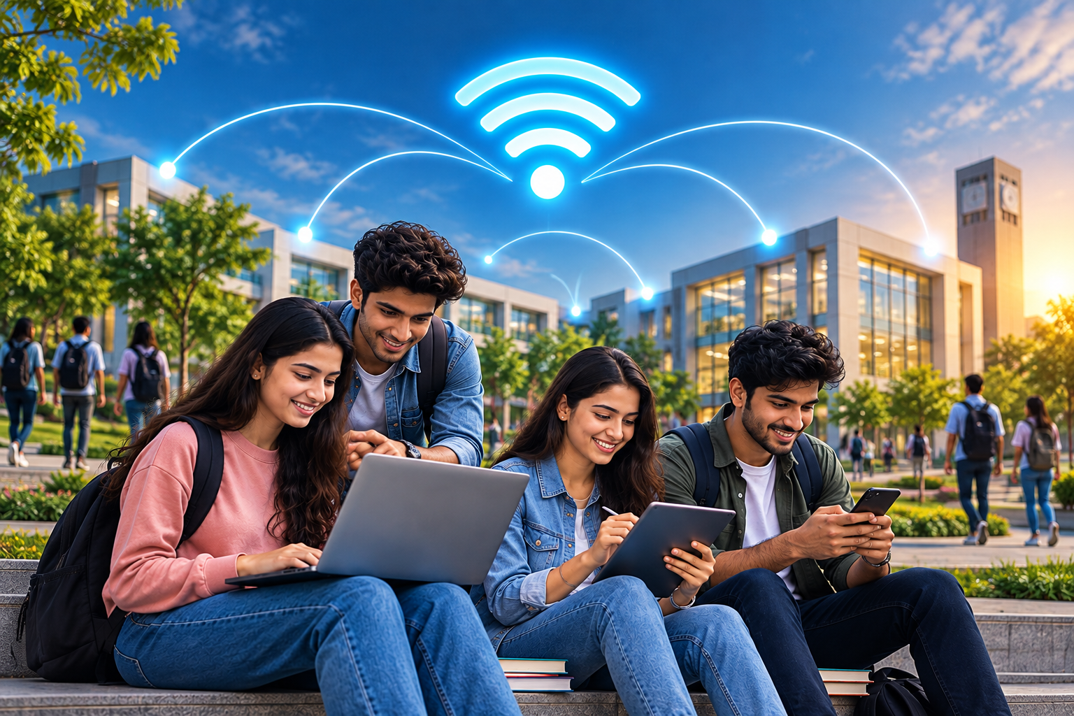 Students using Reisnet campus WiFi at a college